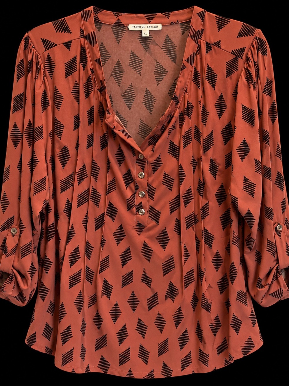 XL Carolyn  Taylor Rust V-Neck Blouse with Black Geometric Print